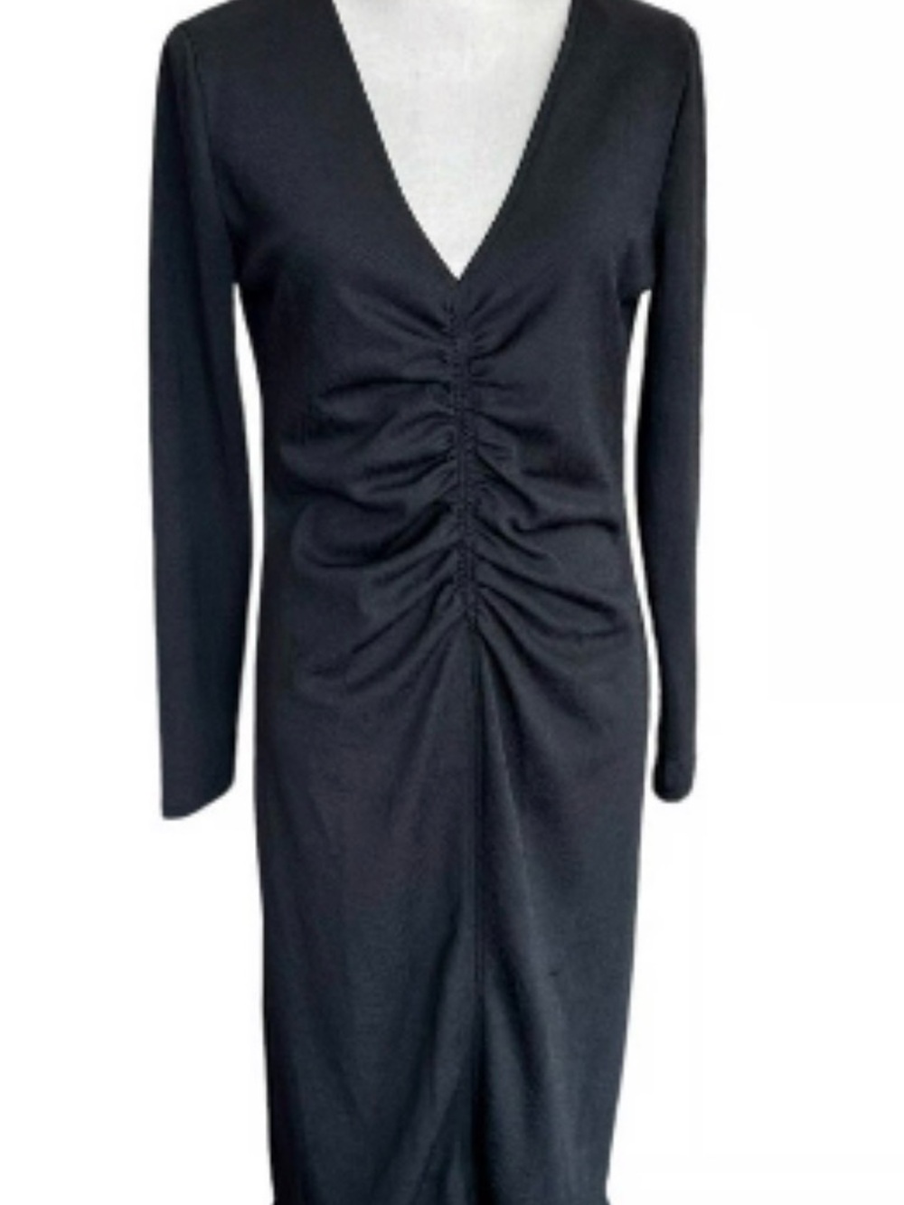 Zara Black V-Neck Long Sleeve Ruched Front Dress